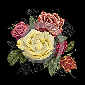 Decorative painting of roses flowers bouquet