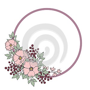 Decorative pastel round border with tenderness wild rose flowers