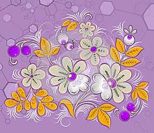 decorative pattern with flowers in orange and lilac backgrounds