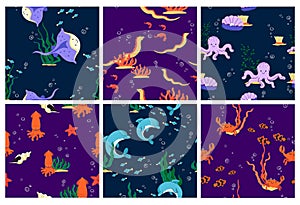 Decorative pattern set with underwater animals