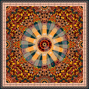 Decorative pattern in shape of wheel in motion on ornamental background. Ethnic style. Bandana print, carpet, wrapping design