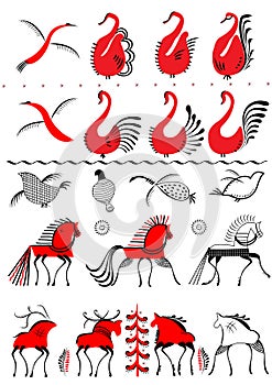 Decorative patterns for drawing. Set of design elements of the Russian Mezen painting.