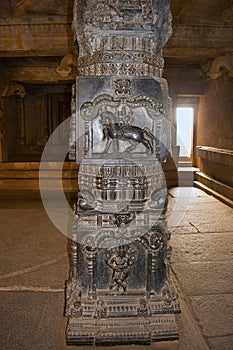 Decorative pillar in mandappa or Hall. Hazara Rama Temple Hampi, Karnataka