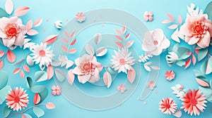 Decorative pink flowers on a bright blue background. Copy space, greeting card