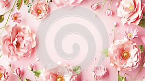 Decorative pink flowers on a pink background. Copy space, greeting card