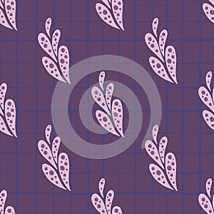 Decorative pink oriental cucumber ornament seamless pattern. Purple chequered background