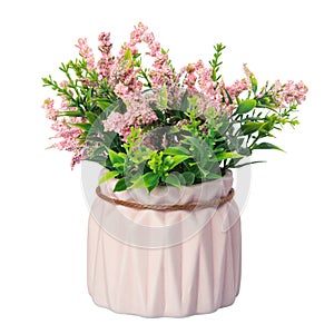 Decorative plastic flowers in a pink pot isolated on white