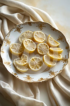 A decorative plate with sliced lemons arranged artistically on a soft fabric backdrop