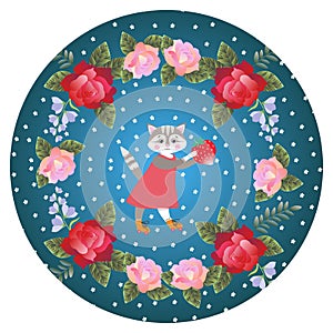 Decorative plate template with cute lovely kitten and wreath of roses and bells flowers.