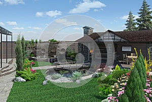 Decorative pond and garden pavilion, landscaping 3D render photo