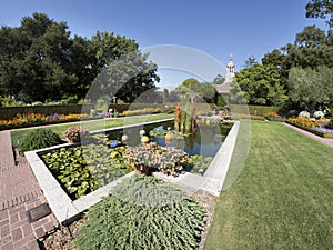 Decorative pool with water plants and glass sculptures in a luxurious garden