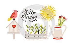 Decorative postcard template with Hello Spring phrase handwritten with cursive font, seedlings in crate, watering can