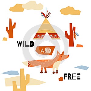 Decorative postcard with tribal cartoon fox.Wild and free vector illustration