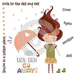 Decorative poster with cute girl. Rain rain go away vector illustration