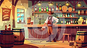 Decorative poster with a tavern interior and man drinking beer. Modern flyer with cartoon illustration of a rustic pub