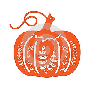 Decorative pumpkin with carved twigs and flowers. Stencil for carving