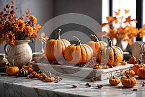 Decorative pumpkins, fall decorations for Thanksgiving Day, generative AI
