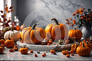 Decorative pumpkins, fall decorations for Thanksgiving Day, generative AI