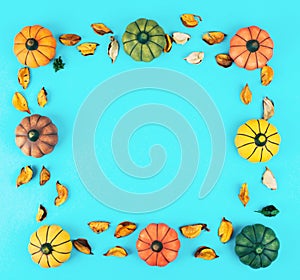 Decorative pumpkins with fall leaves frame.