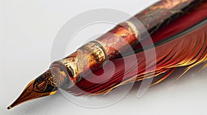 A decorative quill pen with rich jeweltoned feathers perfect for penning poetic verses or romantic letters photo
