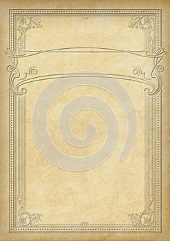 Decorative rectangular framework and banner on piece of parchment.