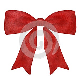 Decorative red crimson bow with long ribbon. Burgundy accessory for hair little girl. Decorating a gift. Hand drawn