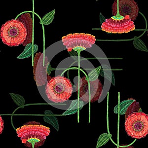 Decorative red flowers. Seamless pattern on black background.