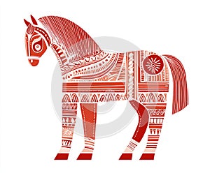 Decorative red horse illustration featuring intricate patterns and artistic design elements