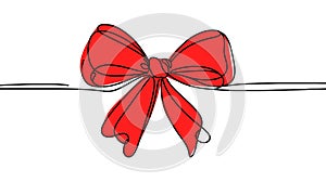 Decorative red ribbon bow in continuous line art drawing style