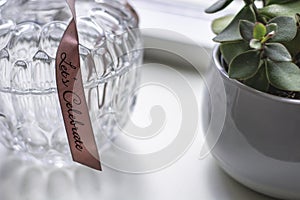 Decorative retro glass jar container with a pattern with a pink ribbon with text Lets Celebrate next to a succulent houseplant