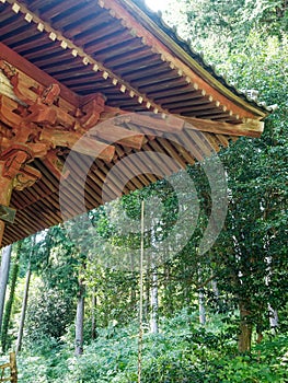 Decorative roof of the Minoge Dainichidou Buddhist Temple in Mount Minoge, Japan