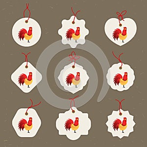 Decorative Rooster. Chinese New Year Symbol of 2017 New Year.rSet of sale tags. Good for greeting card, invitation or