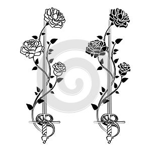 Decorative roses with sword. Blade entwined roses. Floral design