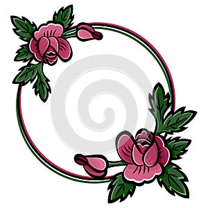 Decorative round flower frame with pink roses, buds and green leaves black stroke. Vector illustration.