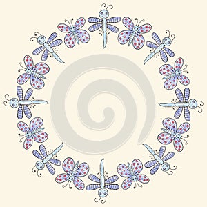 Decorative round frame of cartoon drawn butterflies and dragonflies