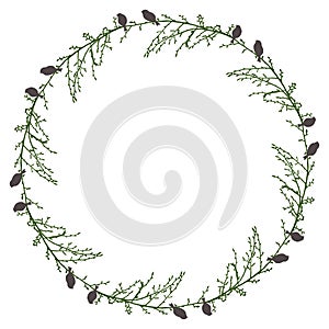 Decorative round frame from silhouettes sparrows birds sitting on tree branches in spring, isolated on white for decoration cards