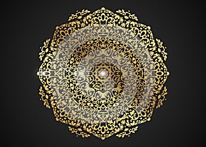 Decorative round gold frame for design with laser cut ornament. Luxury golden Circle mandala. A template for printing postcards