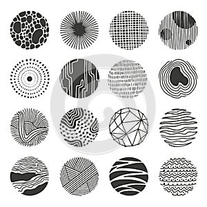 Decorative round grunge elements. Hand drawn spot, doodle sunburst and spiral. Pencil drawing abstract circle shapes