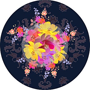 Decorative round plate or tea box wrapping design. Bouquet of luxury garden flower on dark paisley background. Ethnic motives