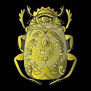 Decorative scarab with cross an all seeing eye. Isolated on black background. Egyptian logo or tattoo