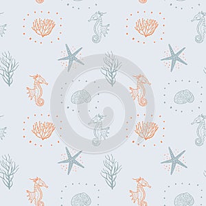 Decorative Sea Seamless Pattern Vector. Hand Drawing Doodle Marine Background. Seamless For Fabric Design.