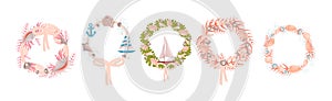 Decorative Sea Wreath Arranged of Shells and Conch from Ocean Bottom Vector Set