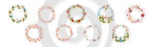 Decorative Sea Wreath Arranged of Shells and Conch from Ocean Bottom Vector Set