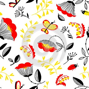 Decorative seamless background with flowers, bugs and butterly