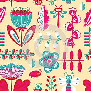 Decorative seamless background with flowers, bugs and dragonfly