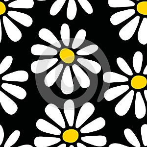 Decorative seamless floral pattern with hand drawn white yellow daisy flowers on black background. Retro style flat