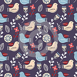 Decorative seamless pattern with birds, flowers and traditional elements