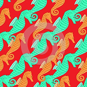 Decorative seamless pattern with bright turquoise and orange seahorse ornament. Red background