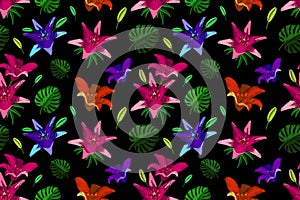 Decorative seamless pattern with embroidery lilys