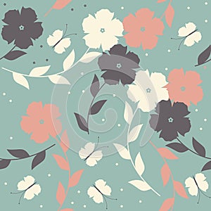 Decorative seamless pattern with flowers, leaves and butterflies